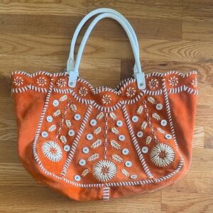 Beautiful orange BOHO suede leather with white leather embroidery
